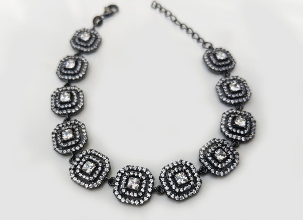 Handmade Zircon Gemstone Bracelet: Black Silver Jewelry Gift