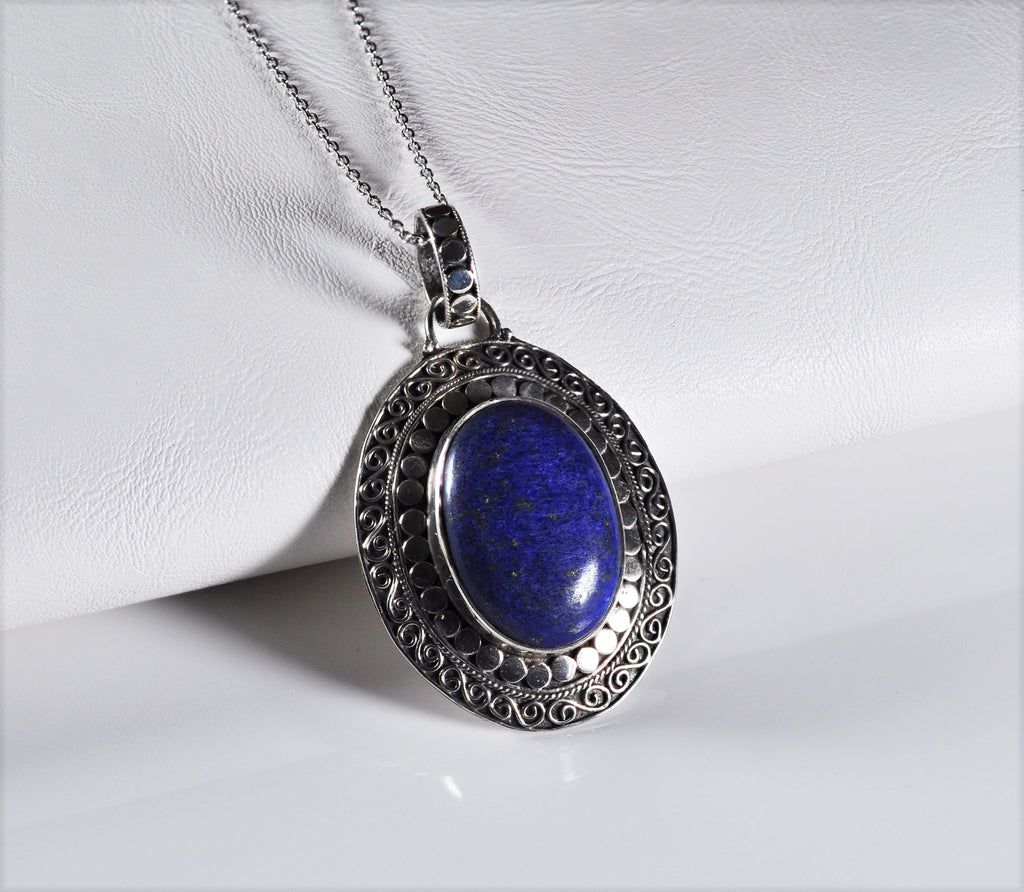 Handmade Genuine Natural Lapis Lazuli Silver Necklace,Lapis Lazuli Jewelry,Lapis Lazuli Gemstone Necklace,Oval Cut Pendant,Handcrafted