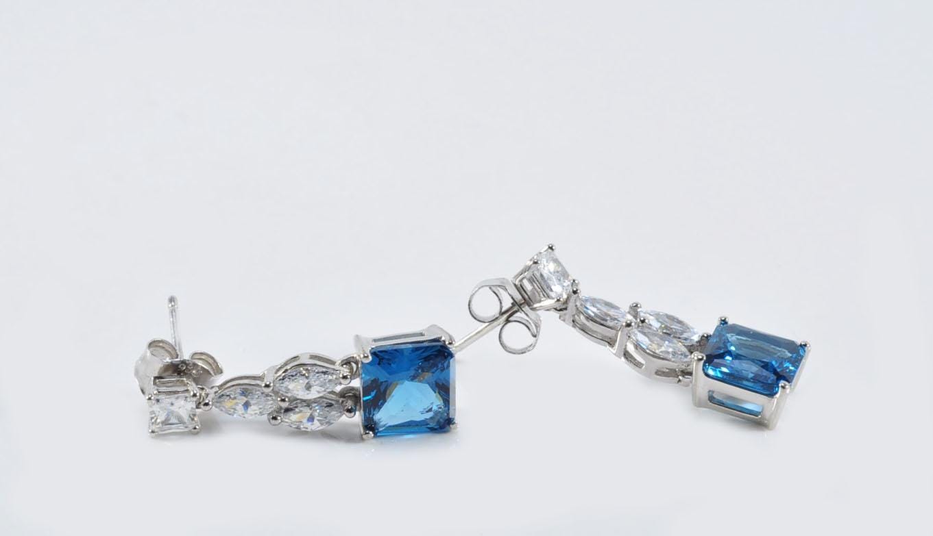 Handmade London Blue Topaz & Baguette Zircon Sterling Silver Earrings