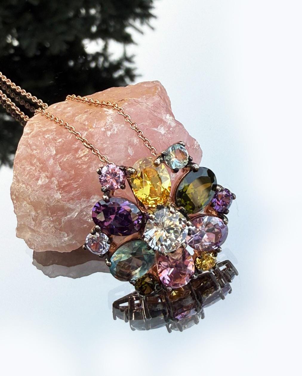 Handmade Rose Quartz Multistone Silver Necklace: Amethyst, Aquamarine, Citrine