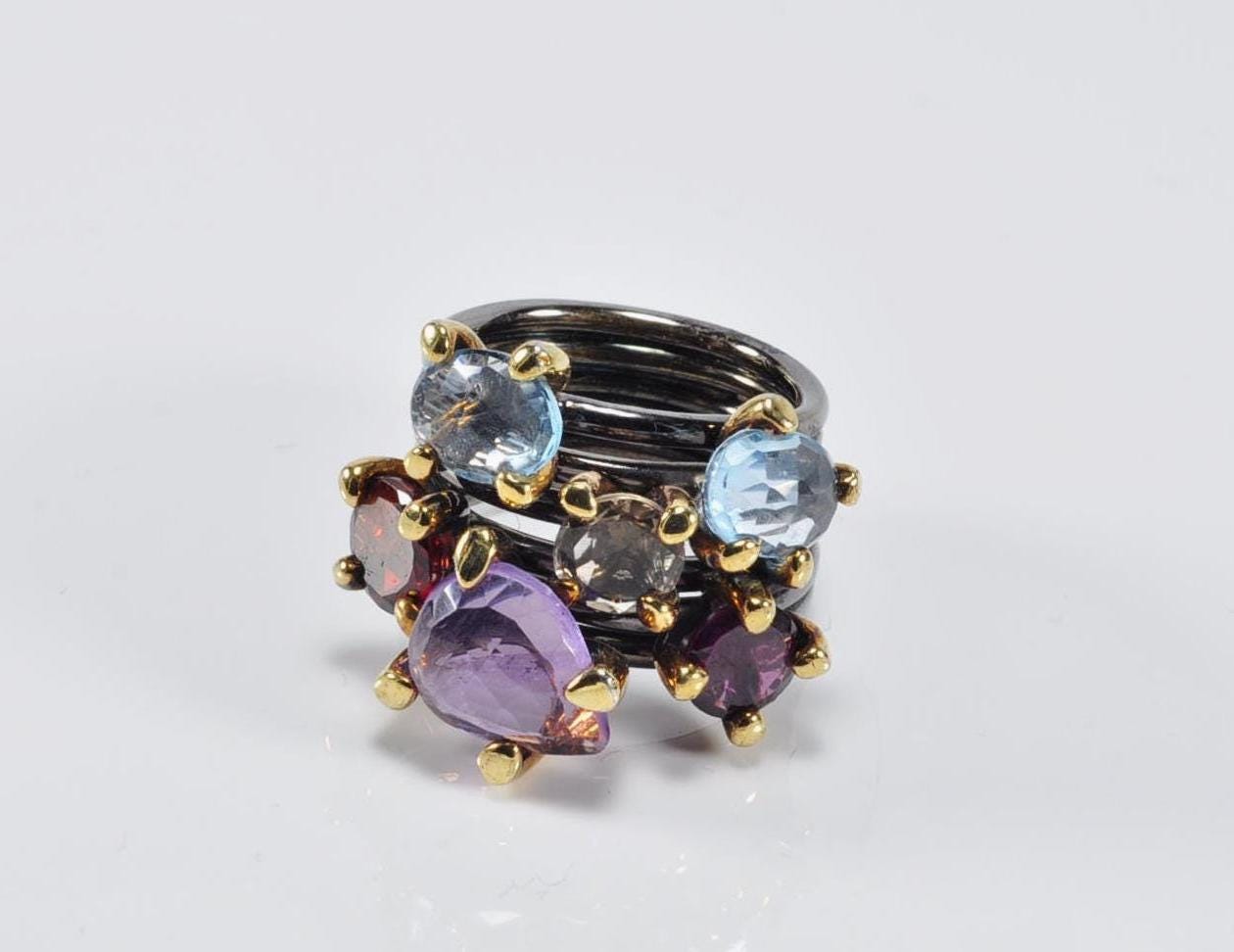 Elegant Aquamarine and Amethyst Sterling Silver Ring, Handmade Jewelry Gift for Her