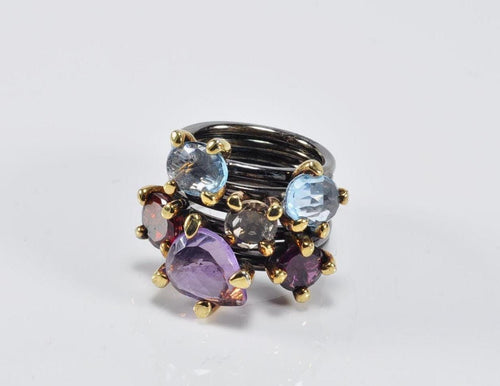 Elegant Aquamarine and Amethyst Sterling Silver Ring, Handmade Jewelry Gift for Her