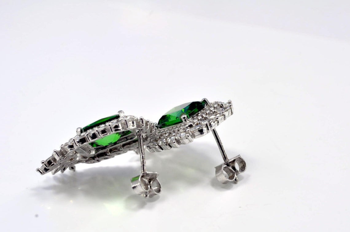 Handcrafted Genuine Natural Emerald and Zircon Silver Earring,Emerald and Zircon Earring Jewelry,Crystal Cut Earring,Stud Earring
