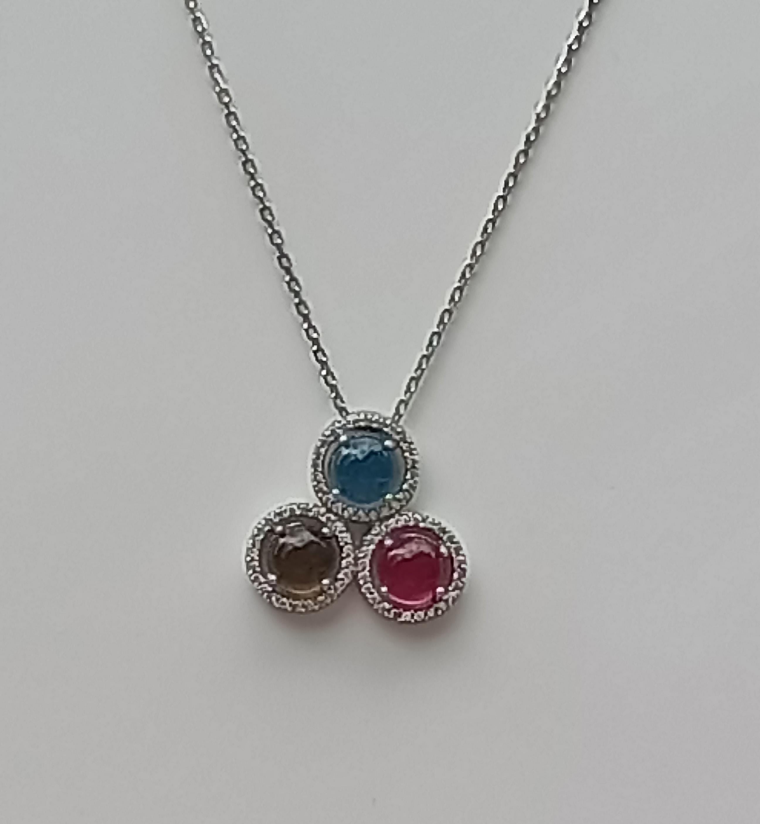 Handmade Aquamarine, Pink Quartz, Citrine and Zircon Silver Necklace, Handcrafted Multistone 925 Sterling Silver Jewelry
