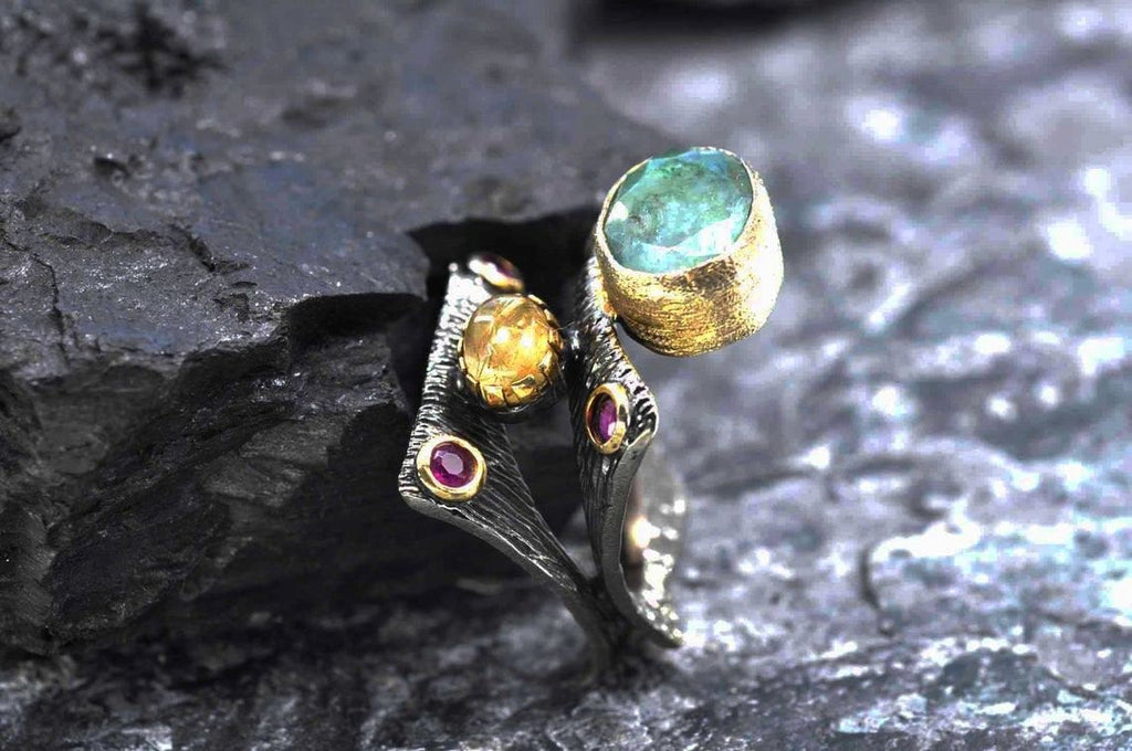 Handmade Emerald Rutile Quartz and Ruby Silver Ring, Multistone Silver Ring, Handcrafted Jewelry Ring, Gift for Her