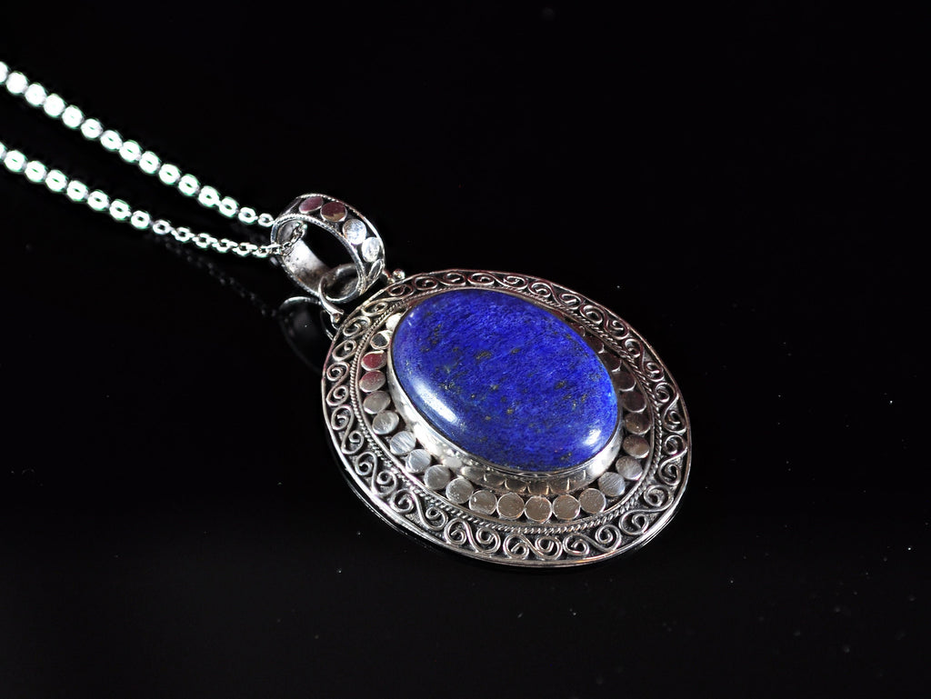 Handmade Genuine Natural Lapis Lazuli Silver Necklace,Lapis Lazuli Jewelry,Lapis Lazuli Gemstone Necklace,Oval Cut Pendant,Handcrafted