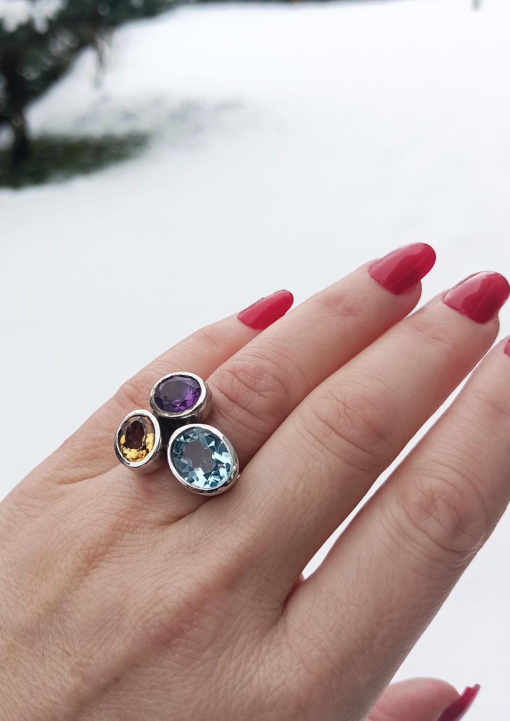Handmade Aquamarine Amethyst Citrine Sterling Silver Ring, 925 Band Gemstone Ring