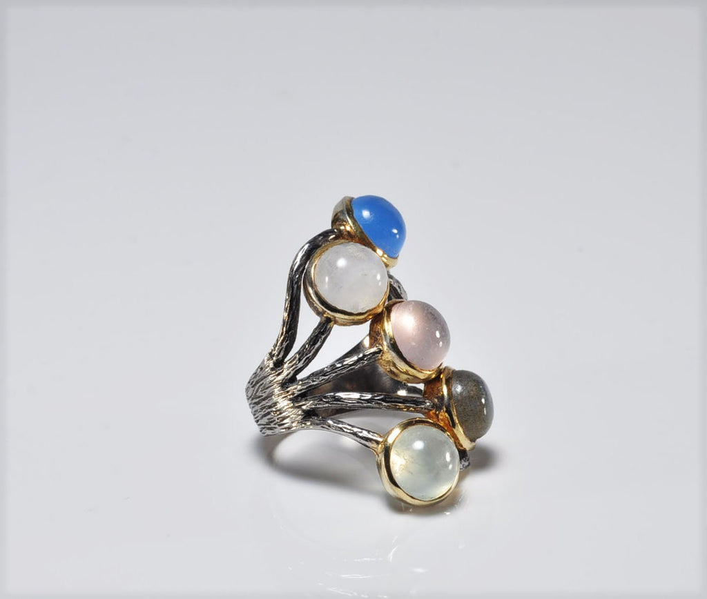Handmade Tourmaline Moonstone Labradorite Pink Quartz and Aquamarin Silver Ring,Multistone Silver Jewelry,Genuine Gemstone Ring,Gift for her