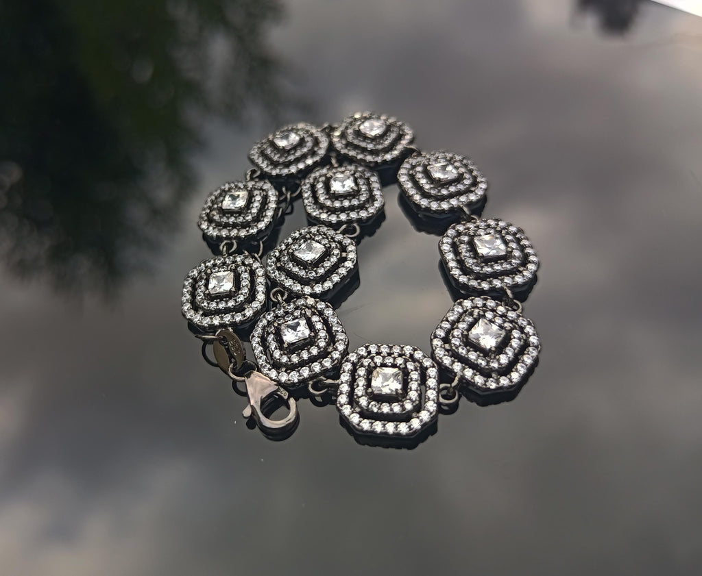 Handmade Zircon Gemstone Bracelet: Black Silver Jewelry Gift