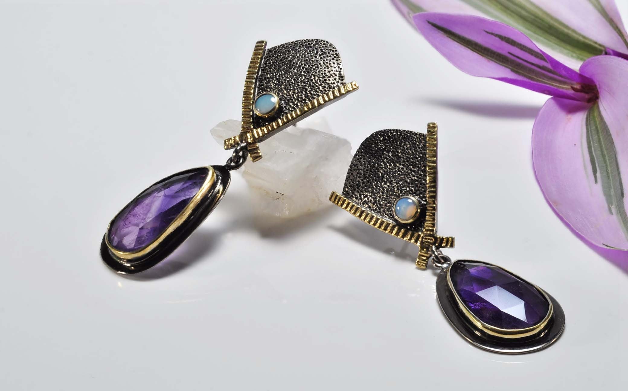 Handmade Genuine Natural Amethyst and Aquamarinee Silver Earring,Amethyst and Aquamarine Earring Jewelry,Handcrafted Earring Gift for Her