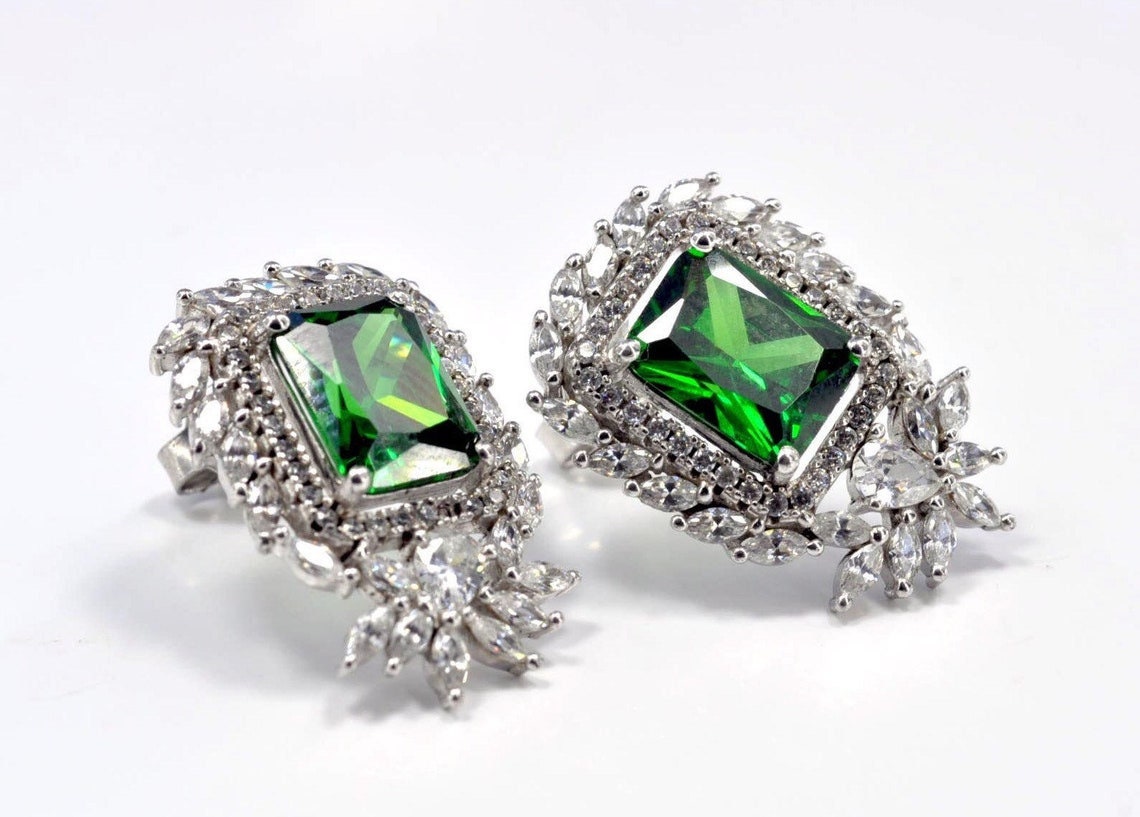 Handcrafted Genuine Natural Emerald and Zircon Silver Earring,Emerald and Zircon Earring Jewelry,Crystal Cut Earring,Stud Earring