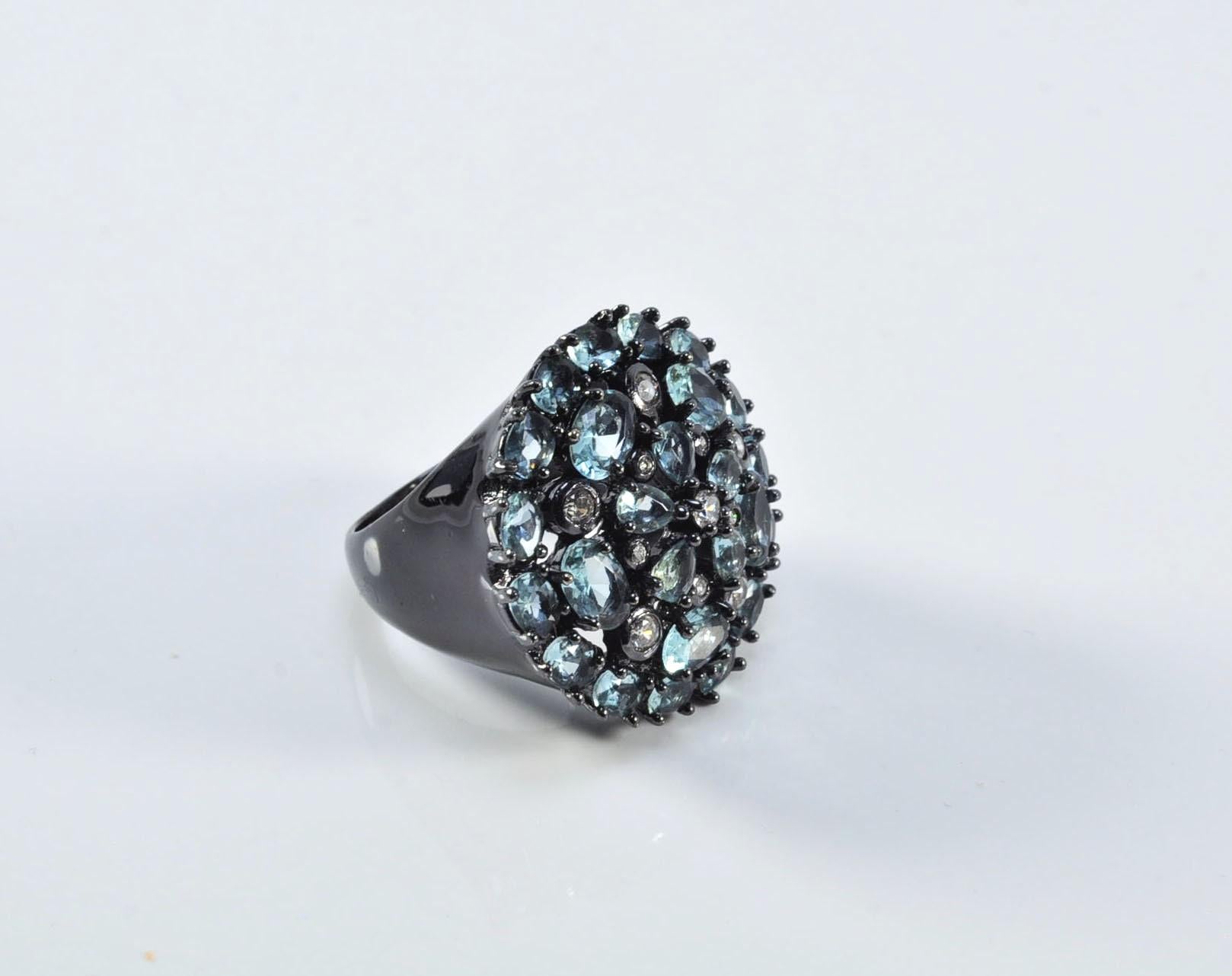Handmade Aquamarine and Zircon Black Silver Ring:March & December Birthstone