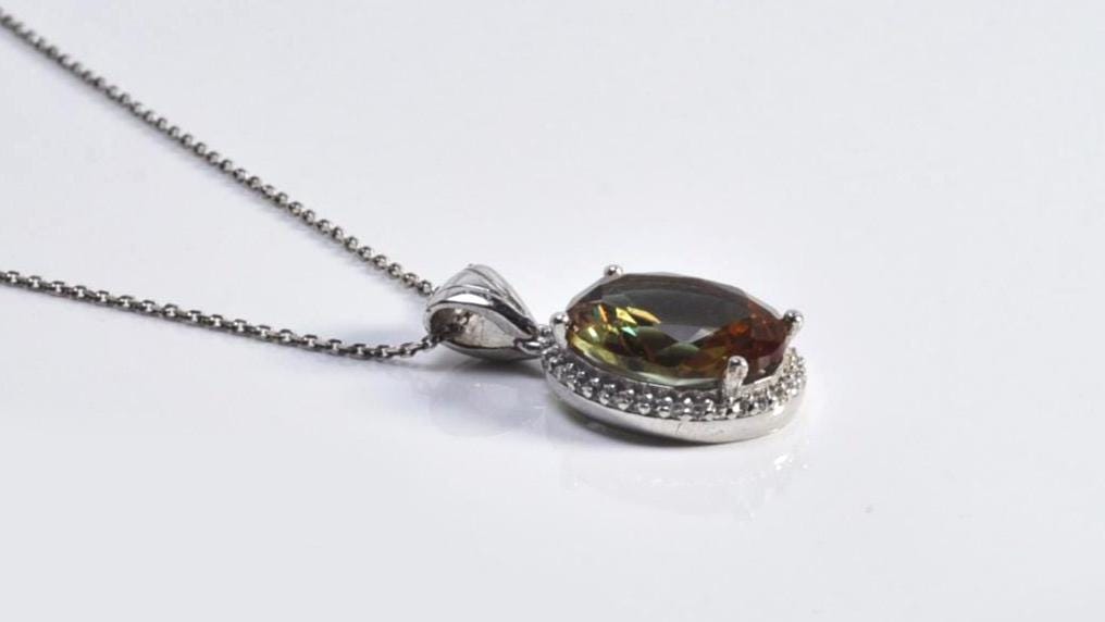 Handmade Sultanite Gemstone Necklace, Sterling Silver Pendant Surrounded by Zircons