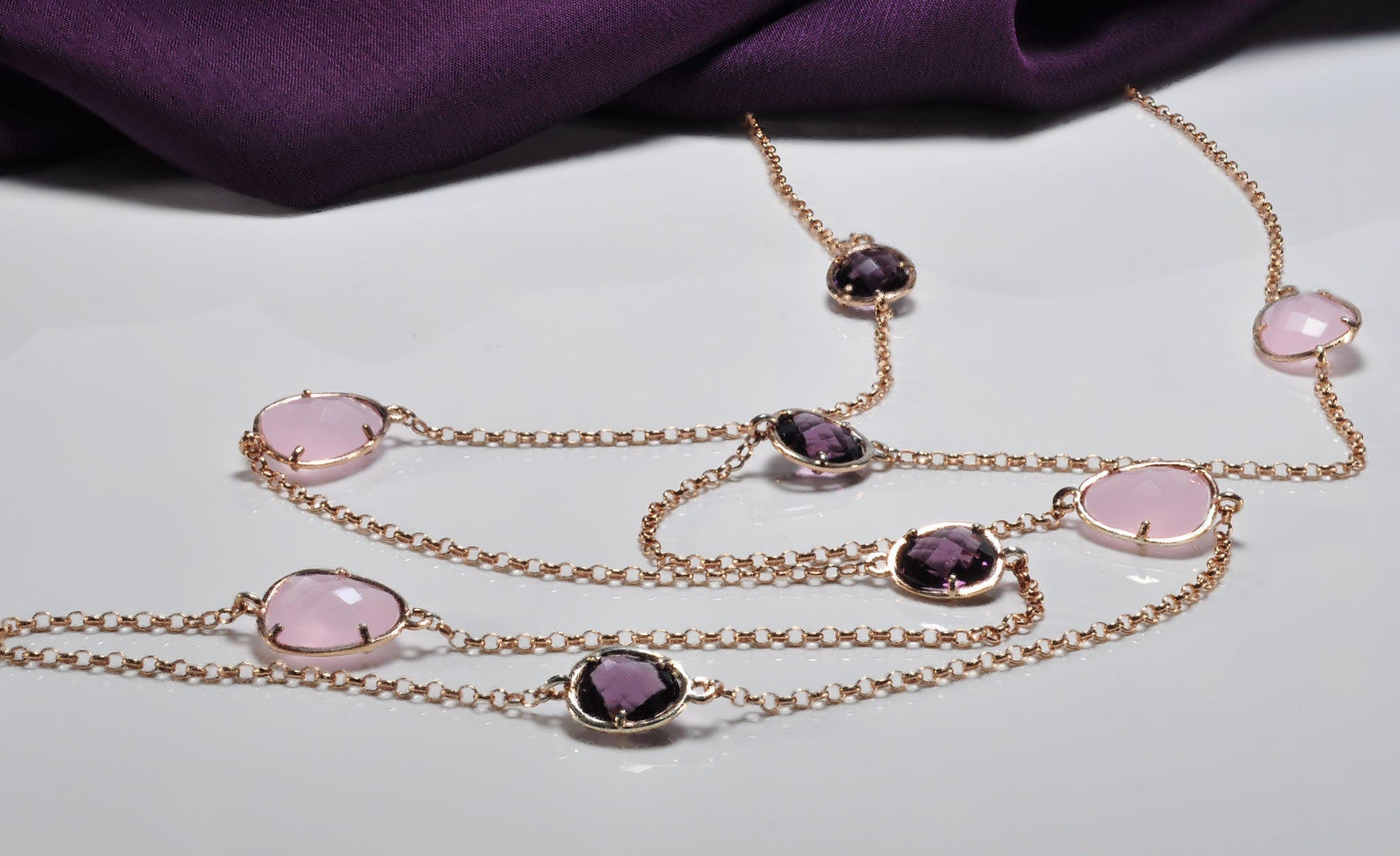 Handmade Amethyst and Rose Quartz Silver Necklace,925 Sterling Silver Authentic Necklace, Amethyst and Rose Quartz Gemstone Jewelry