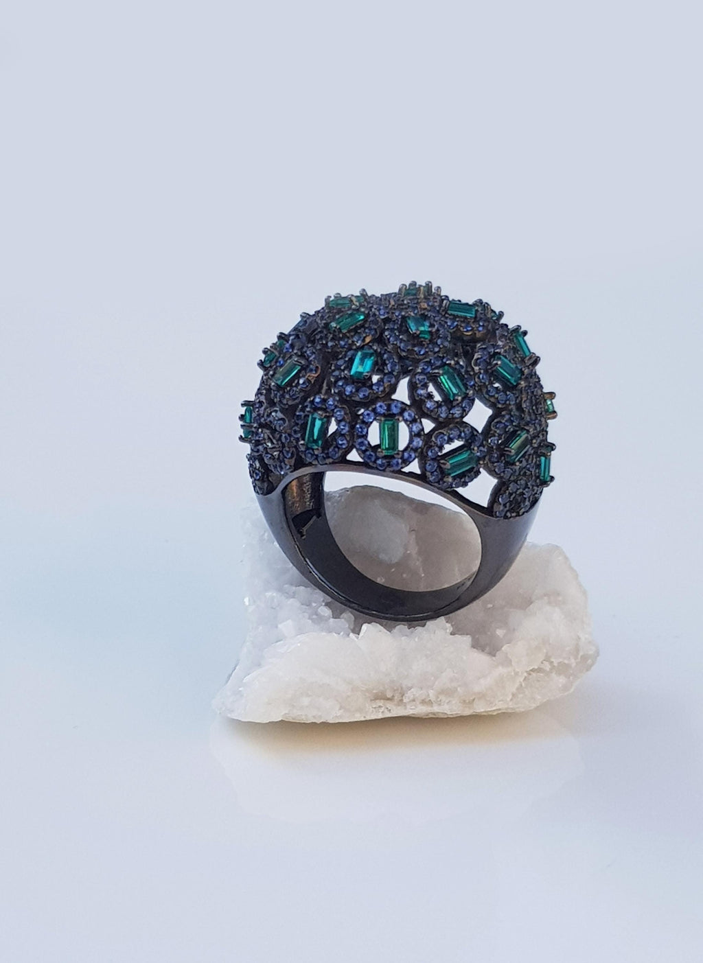 Handmade Aquamarine Emerald Black Silver Ring: Artisan Gemstone Jewelry