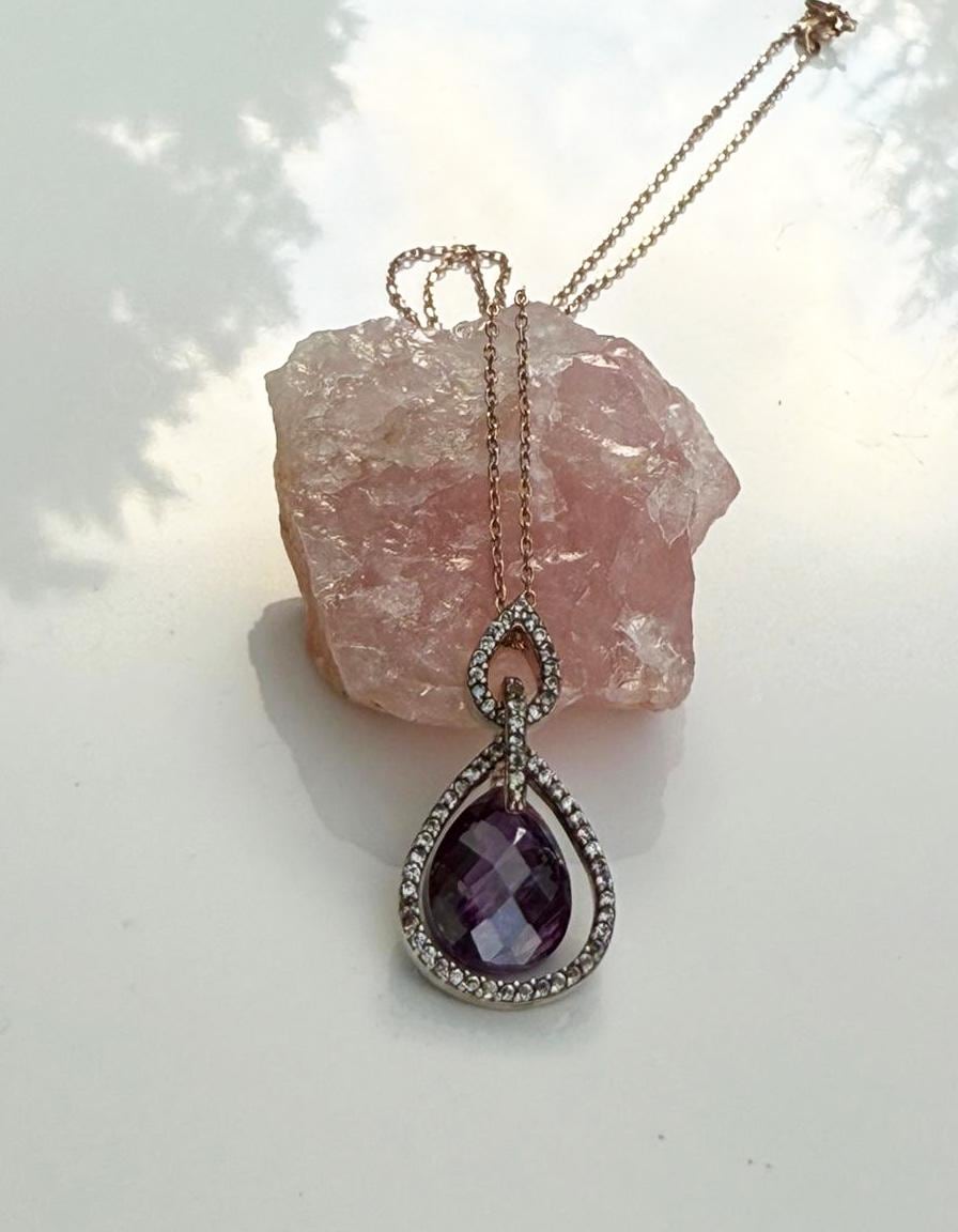 Handmade Amethyst & Zircon Silver Necklace: Rose Silver Jewelry Gift