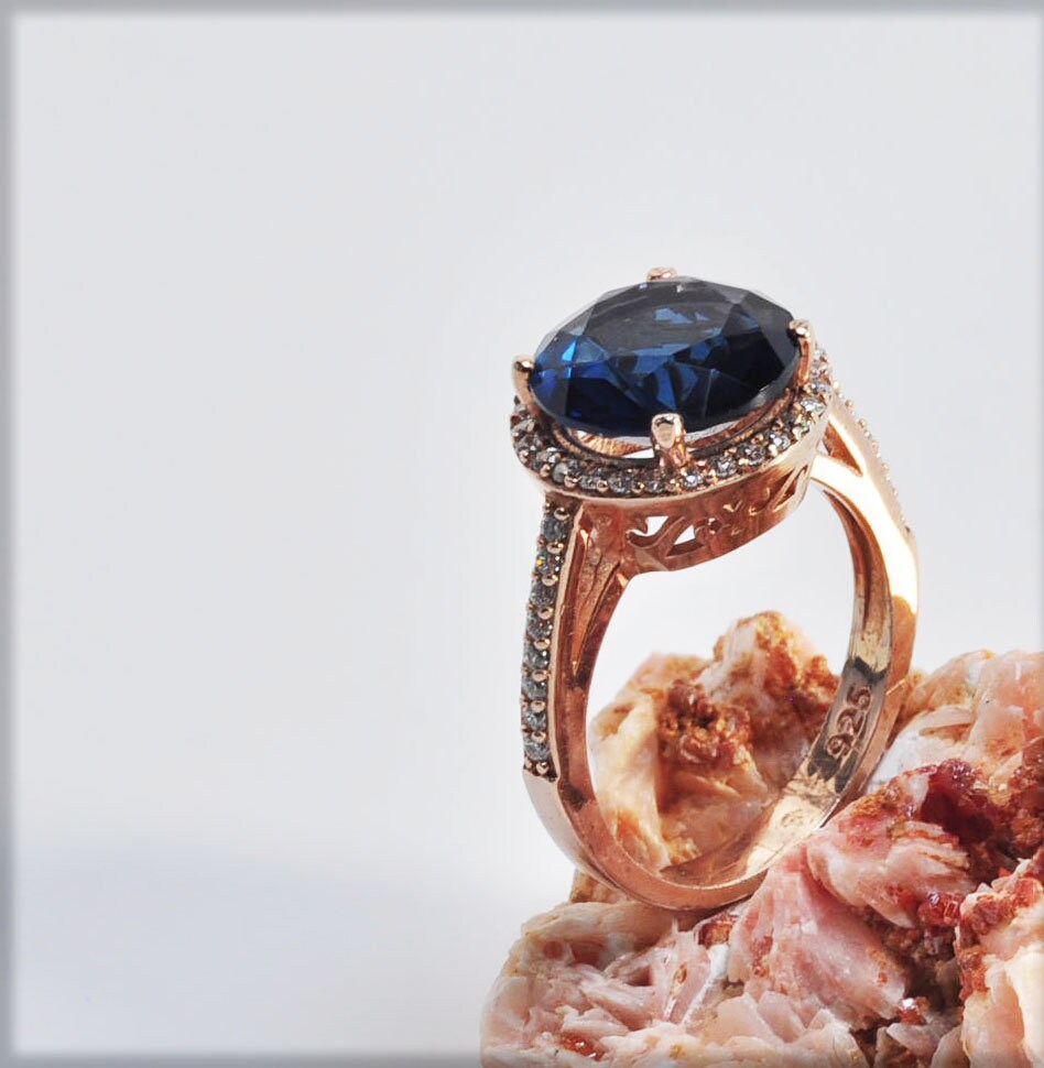 Handmade Sapphire and Zircon Silver Ring, Handcrafted Sapphire and Zircon Jewelry, Rose Silver Band Sapphire and Zircon Ring,Gift for her