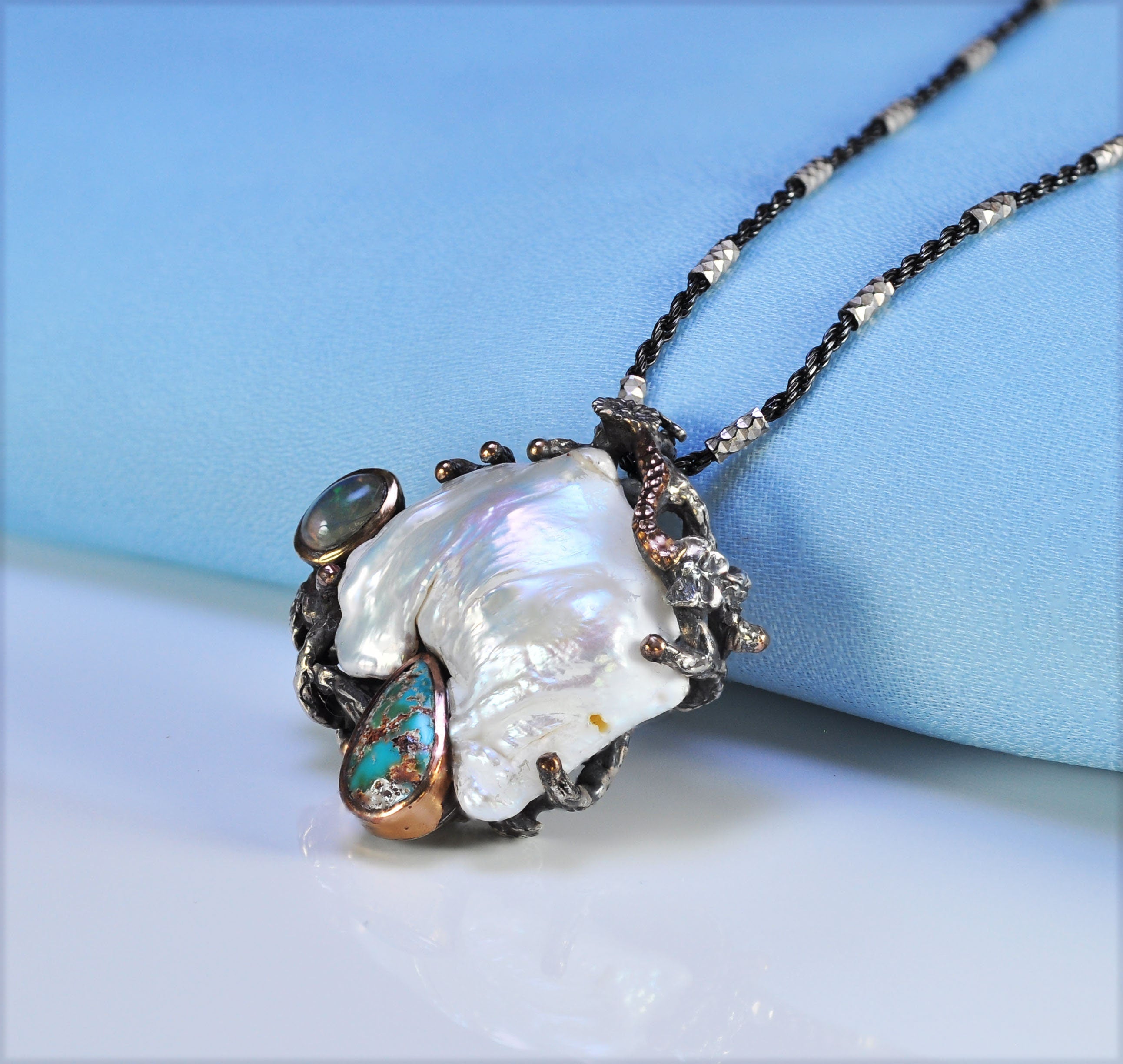 Handmade Pearl Opal Turquoise Silver Necklace, Gemstone Jewelry Gift