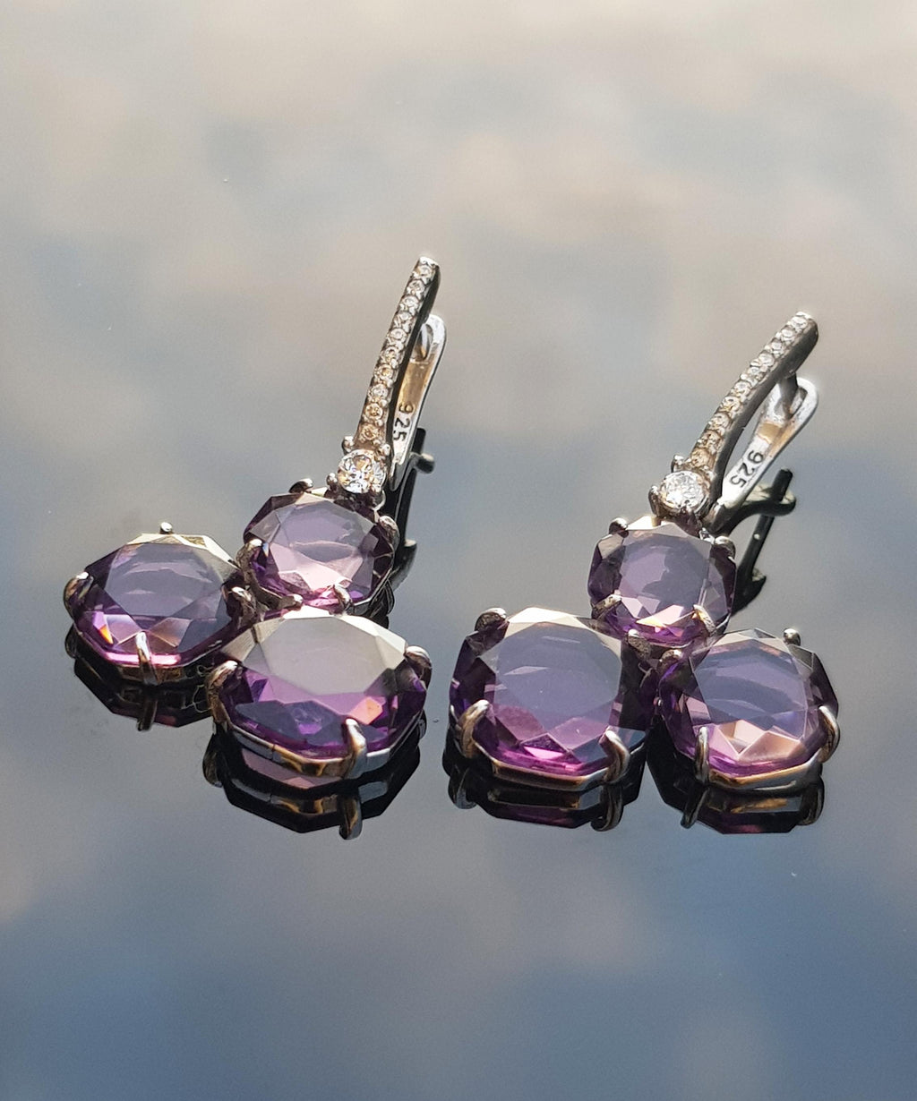 Handmade Amethyst and Zircon Silver Earrings: February & December Birthstones