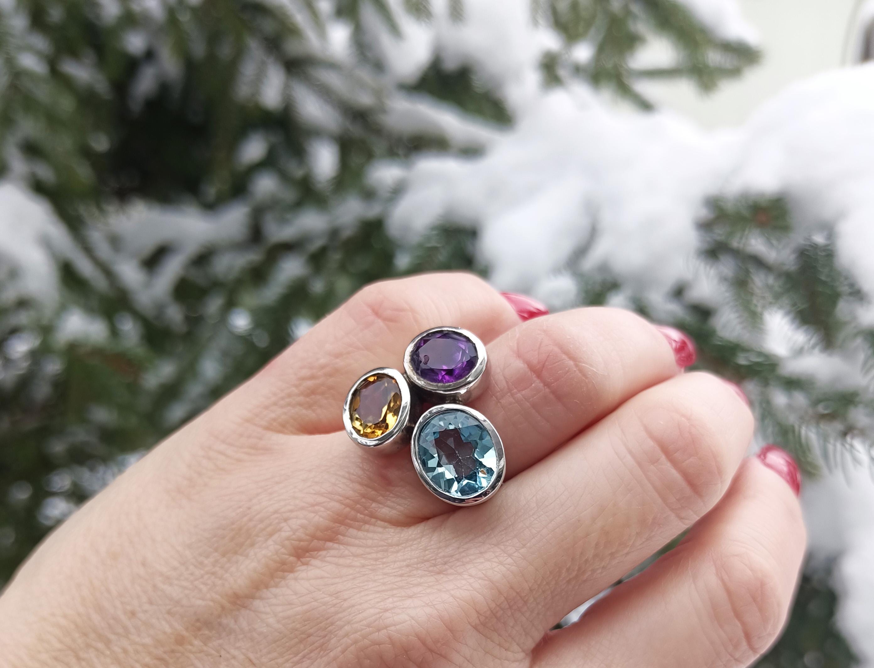 Handmade Aquamarine Amethyst Citrine Sterling Silver Ring, 925 Band Gemstone Ring