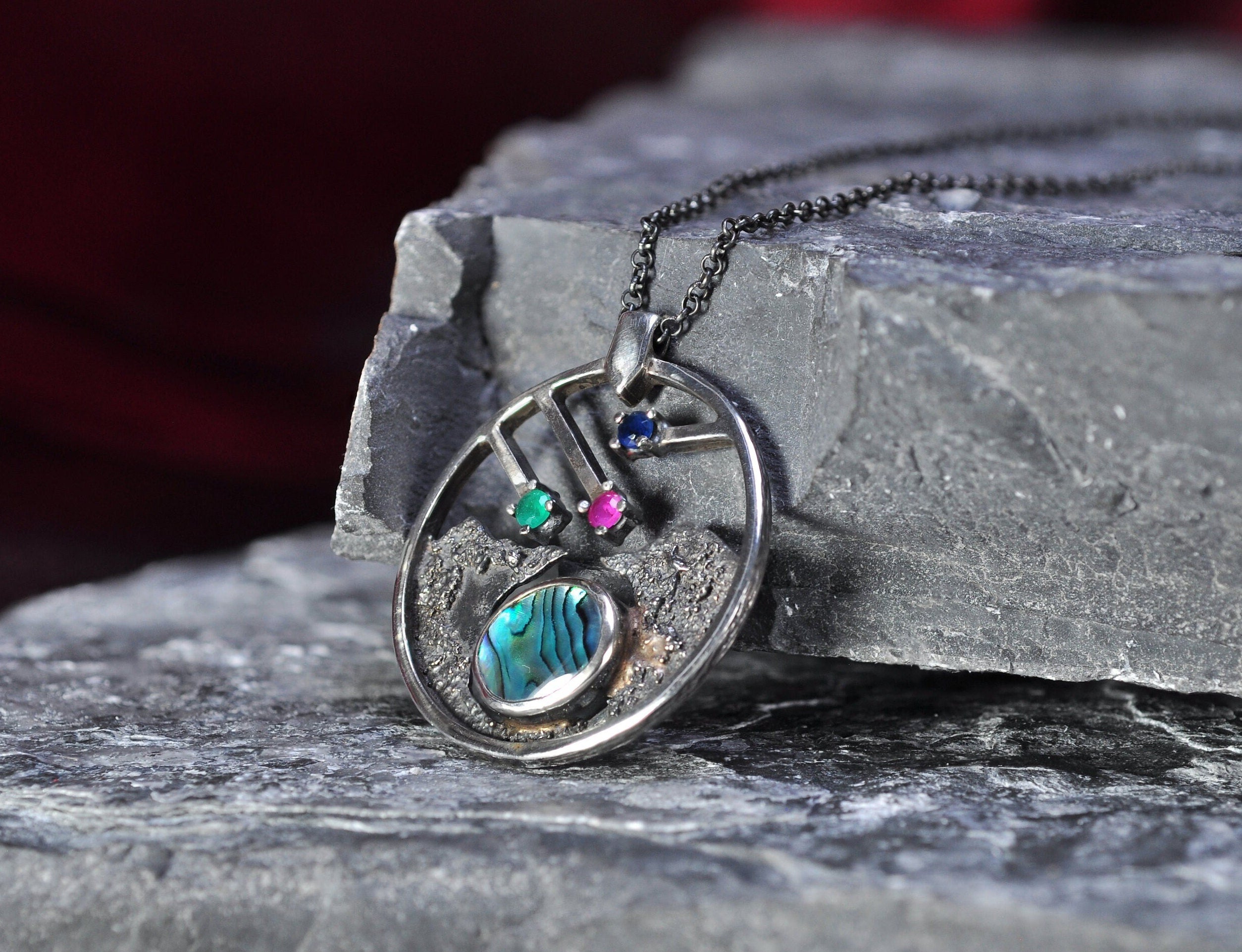 Handmade Genuine Mother of Pearl Emerald Ruby Sapphire Silver Necklace, Multistone Jewelry, Gift for Her
