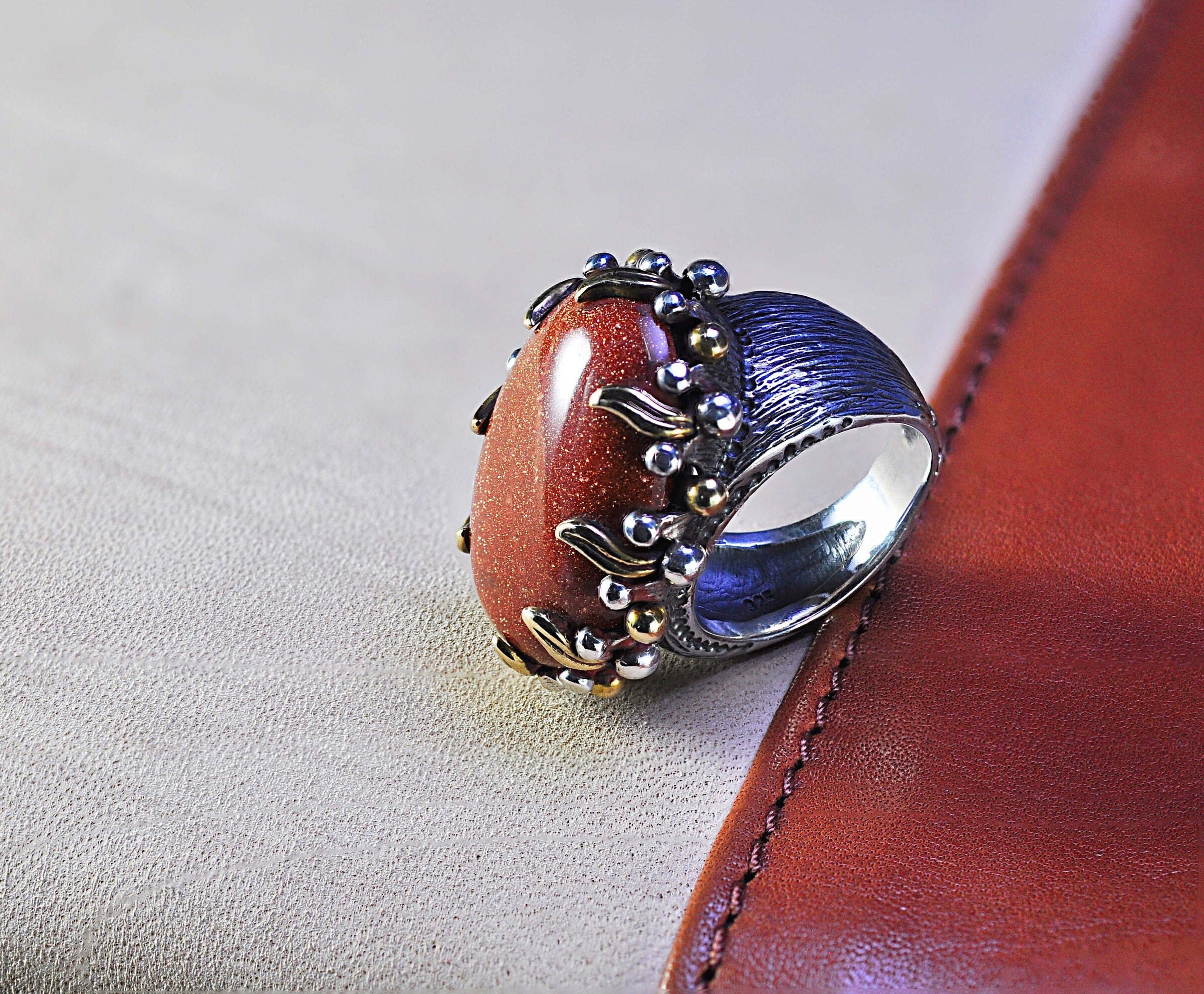 Handmade Genuine Goldstone Silver Ring, Handcrafted Goldstone Silver Ring Jewelry,Gift for Her