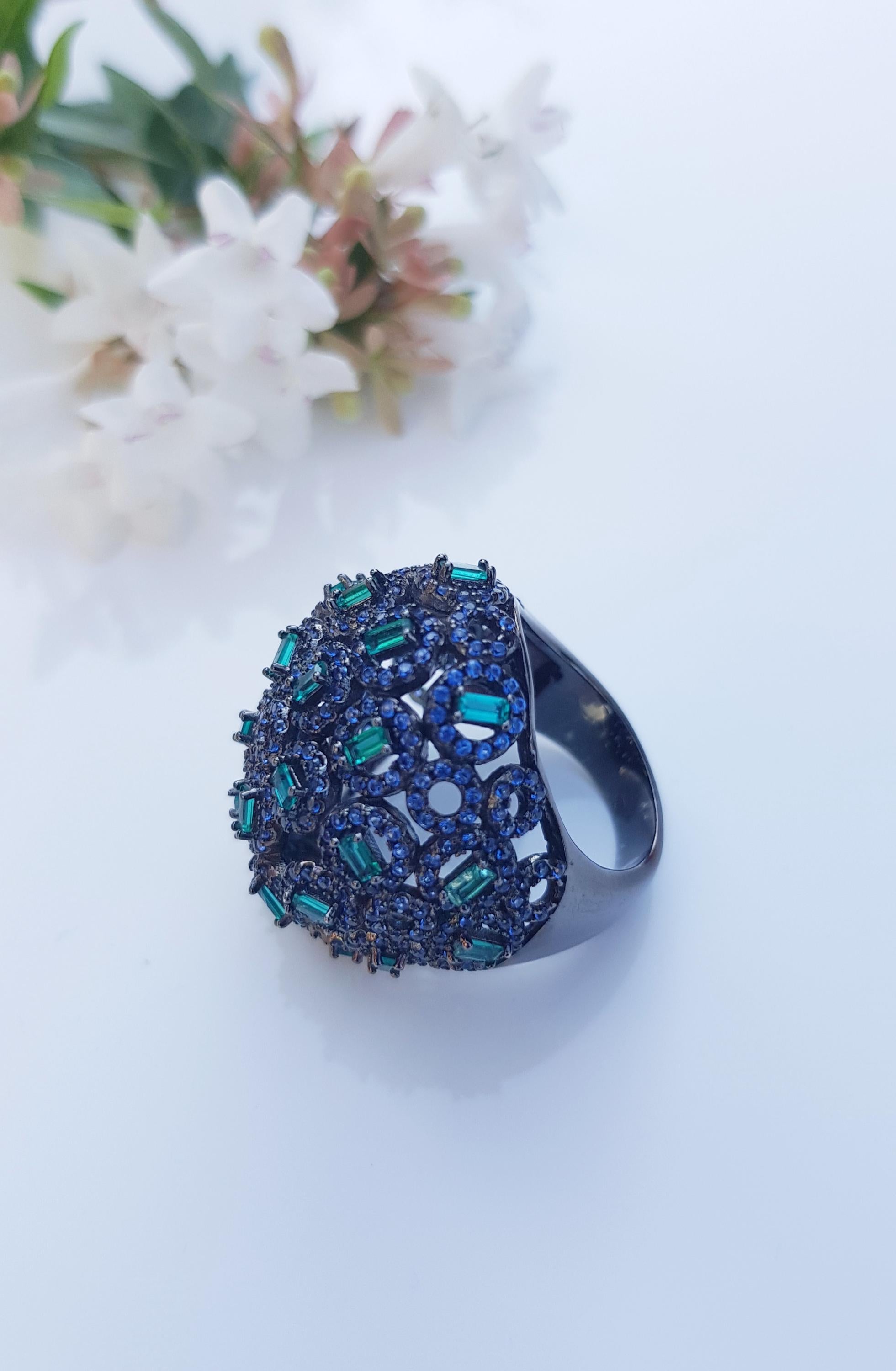Handmade Aquamarine Emerald Black Silver Ring: Artisan Gemstone Jewelry