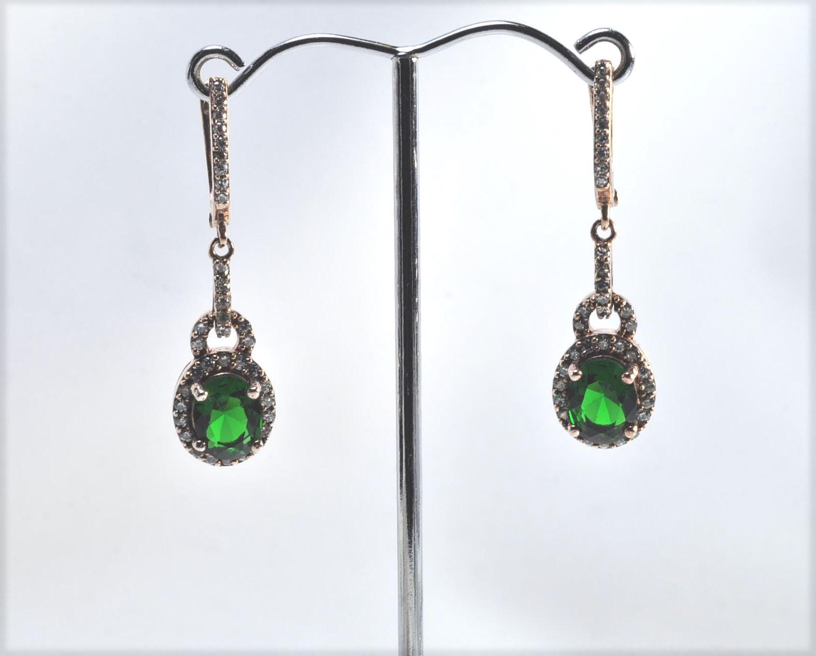 Handmade Emerald Zircon Rose Silver Drop Earrings