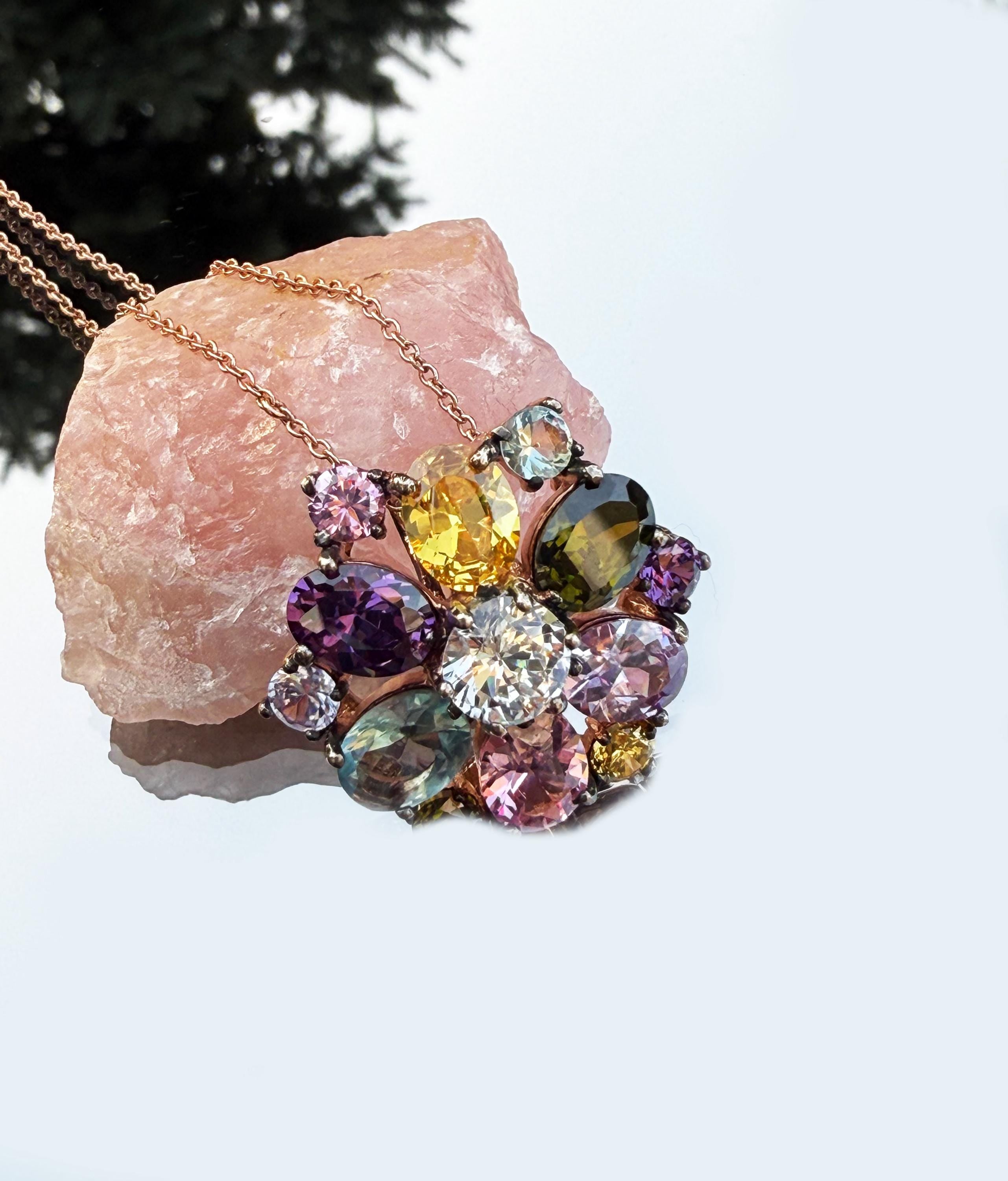 Handmade Rose Quartz Multistone Silver Necklace: Amethyst, Aquamarine, Citrine
