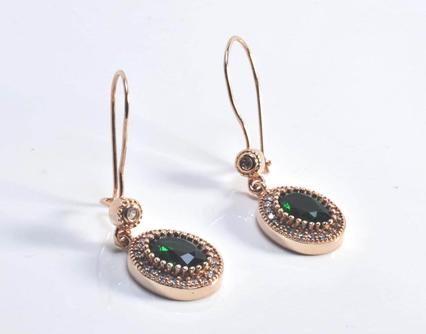 Handmade Emerald and Zircon Earrings in Rose Gold, Elegant Gemstone Drop Jewelry