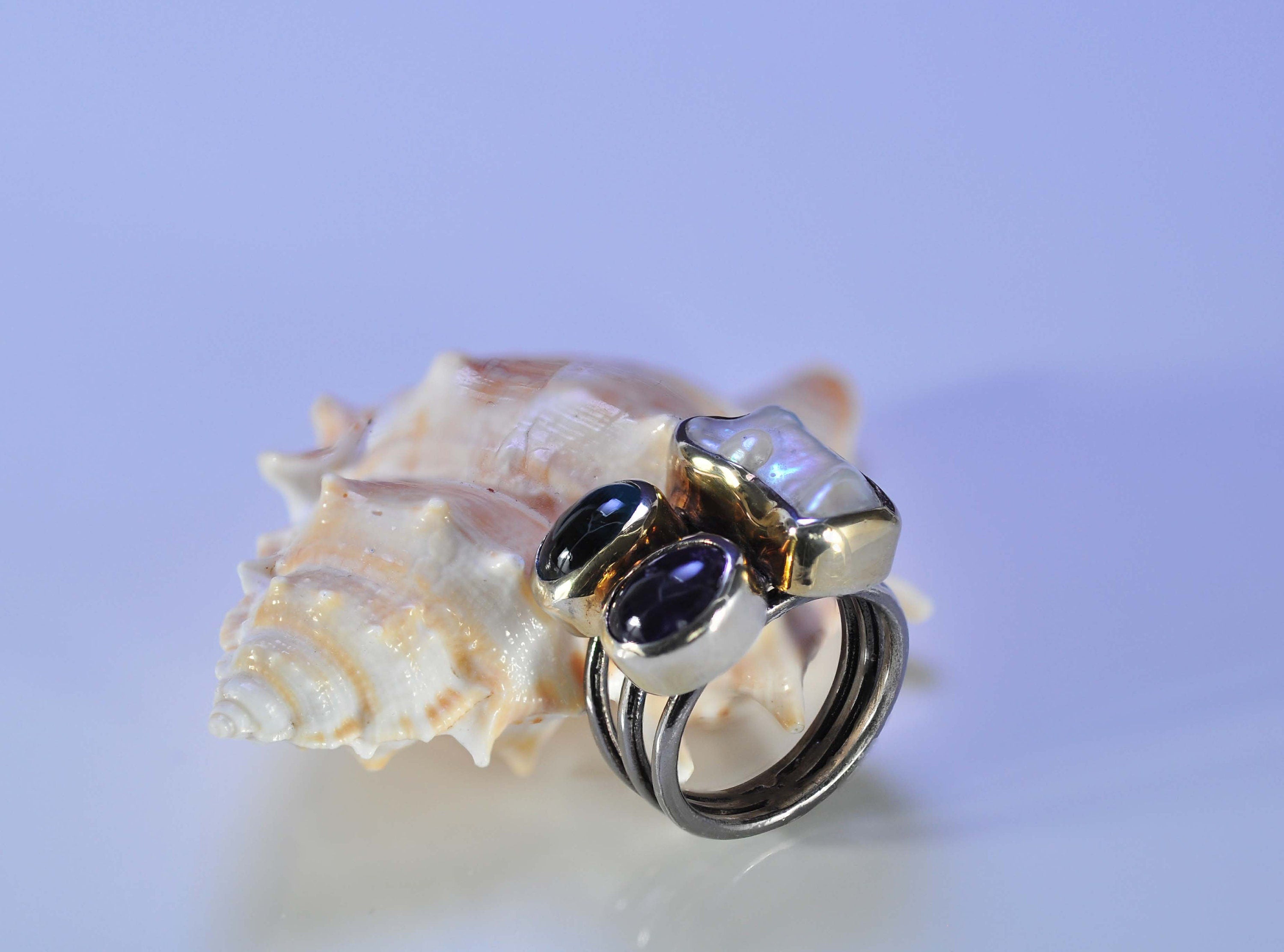 Handmade Genuine Natural Aquamarinee Amethyst Pearl Silver Gemstone Ring,Round Cut Jewelry Ring,Handcrafted,Artist Design