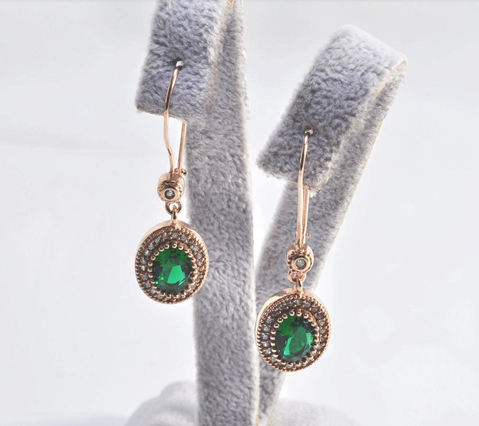 Handmade Emerald and Zircon Earrings in Rose Gold, Elegant Gemstone Drop Jewelry
