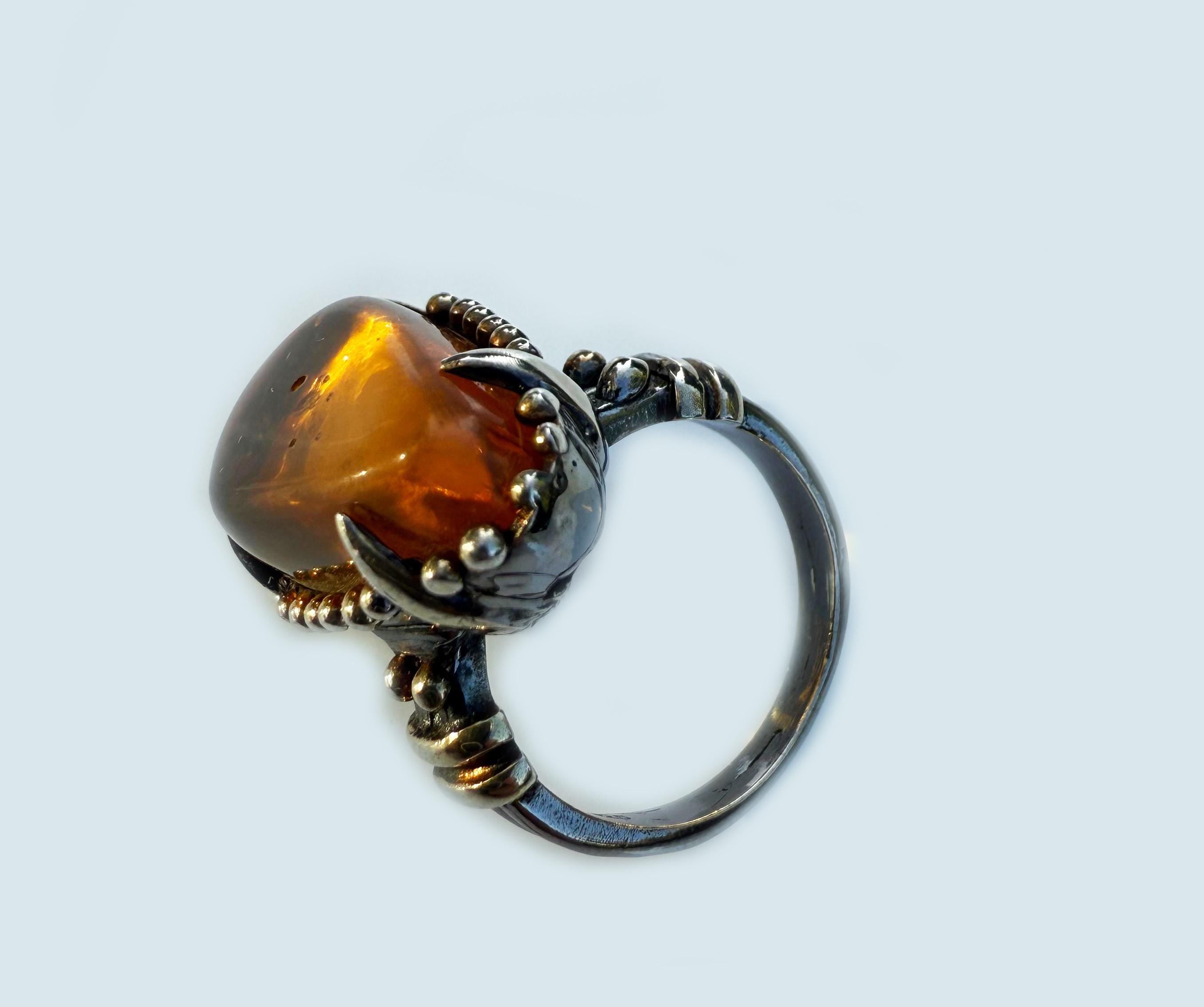 Handmade Amber Silver Ring, Handcrafted Amber Jewelry, 925 Silver Band Amber Ring,Gift for her