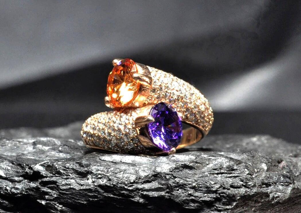 Handmade Citrine, Amethyst and Zircon Ring in Rose Gold Sterling Silver, Elegant Gemstone Jewelry