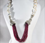 Unique Baroque Pearl and Garnet Necklace,Genuine Big Flameball Pearl Necklace, White Big Pearl and Garnet Necklace, Pearl and Garnet Jewelry
