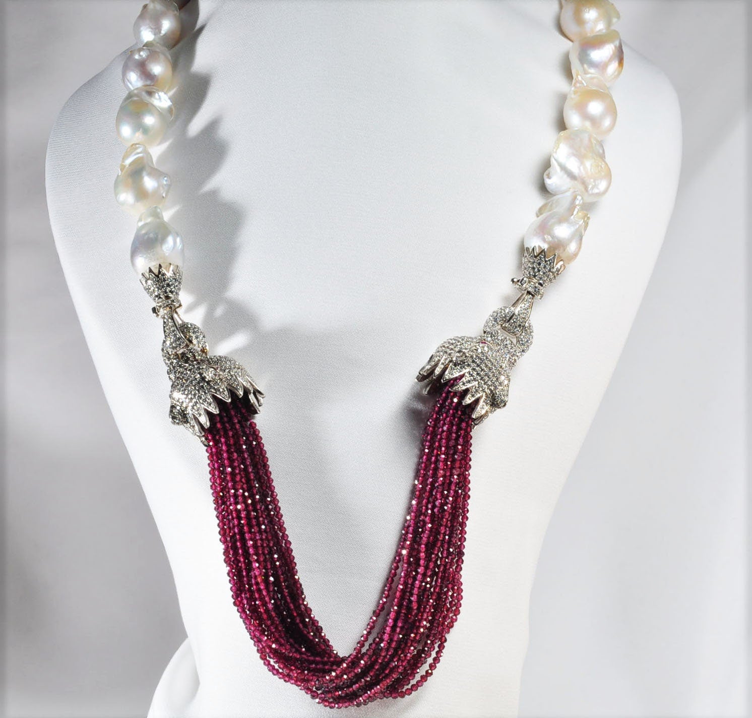 Unique Baroque Pearl and Garnet Necklace,Genuine Big Flameball Pearl Necklace, White Big Pearl and Garnet Necklace, Pearl and Garnet Jewelry