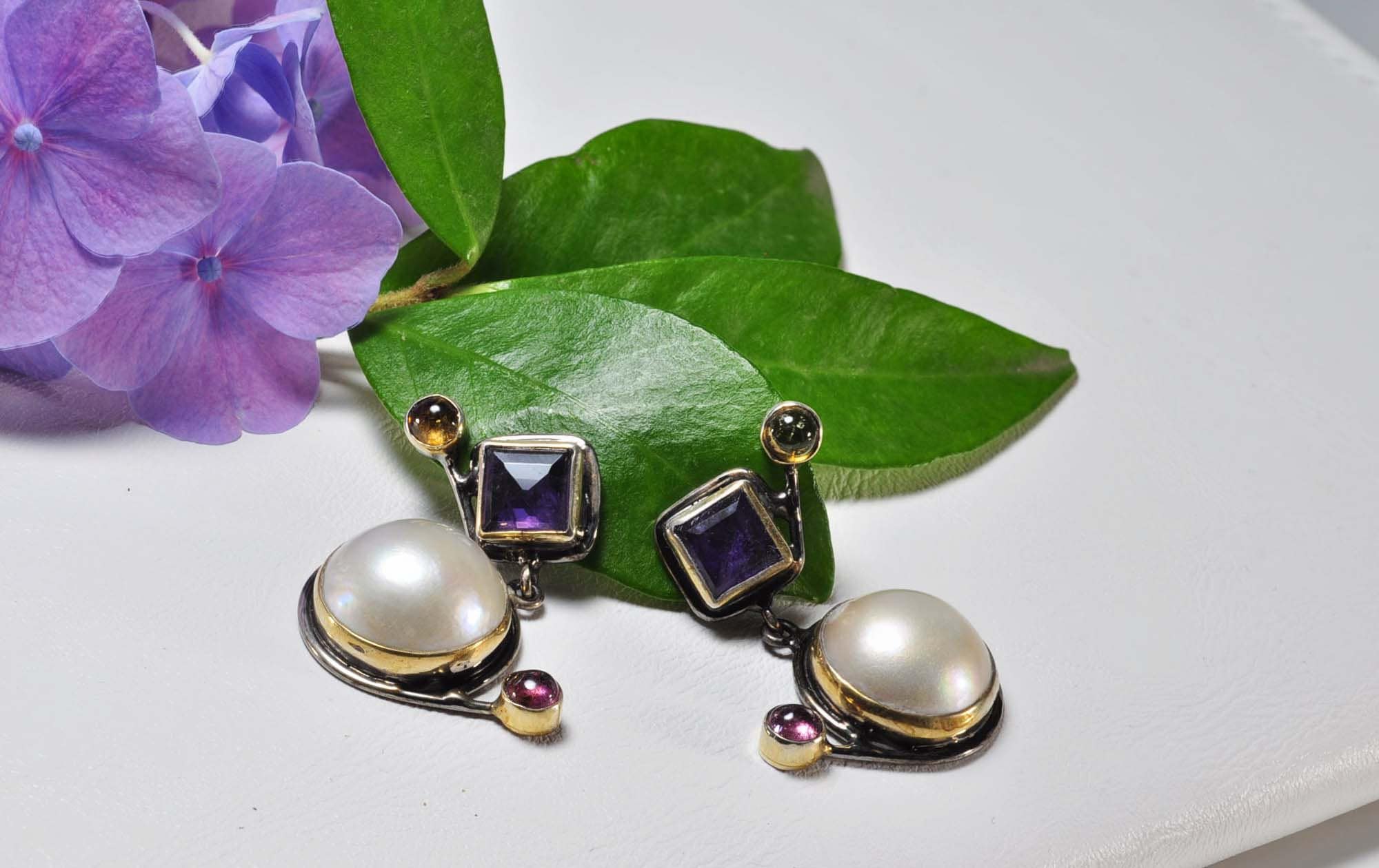 Handmade Genuine Natural Pearl and Amethyst Silver Earring, Pearl and Amethyst Earring Jewelry,Handcrafted Pearl Earring Gift for Her