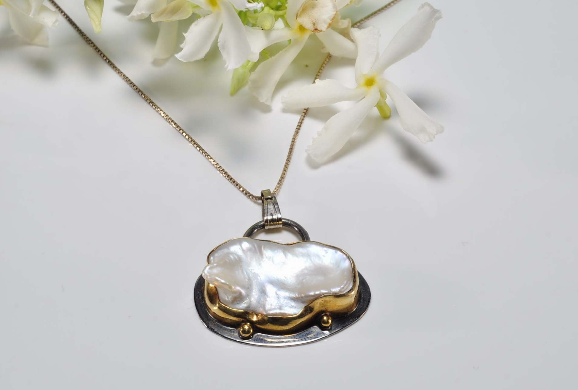 Handmade Pearl Silver Necklace,925 Sterling Silver Genuine Authentic Necklace,Pearl Gemstone Jewelry Gift for Her