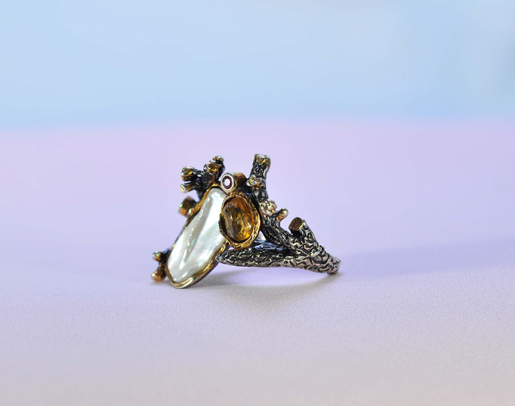 Handmade Genuine Pearl Amber Ruby Silver Ring Jewelry ,Pearl Amber Ruby Gemstone Ring,Multistone Ring Jewelry Gift for her