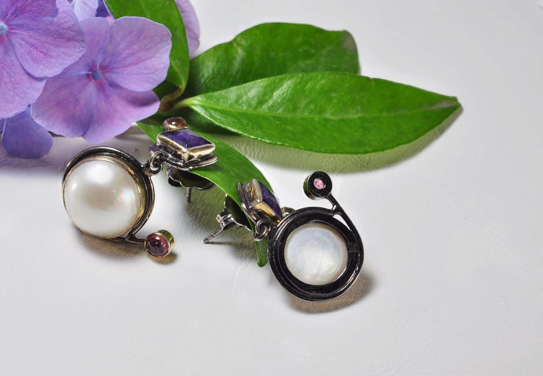 Handmade Genuine Natural Pearl and Amethyst Silver Earring, Pearl and Amethyst Earring Jewelry,Handcrafted Pearl Earring Gift for Her