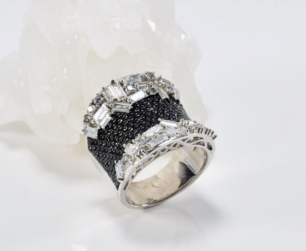 Handmade Baguette Zircon and Black Zircon Ring in Sterling Silver, Unique Gemstone Jewelry