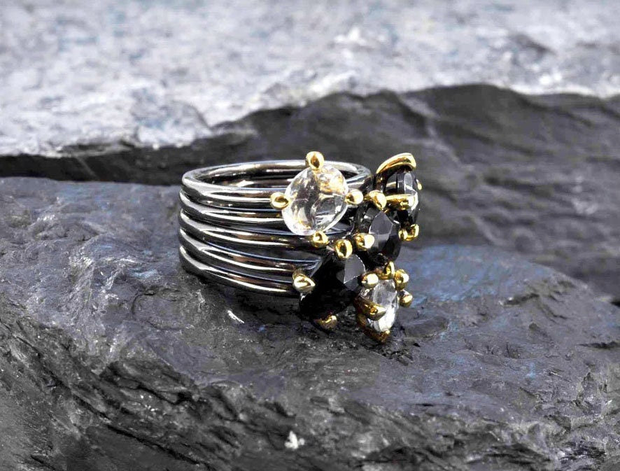 Handmade Genuine Onyx and Quartz Silver Ring,Onyx and Quartz Jewelry , Onyx Quartz Gemstone Ring, Handcrafted Onyx Ring Gift for Her