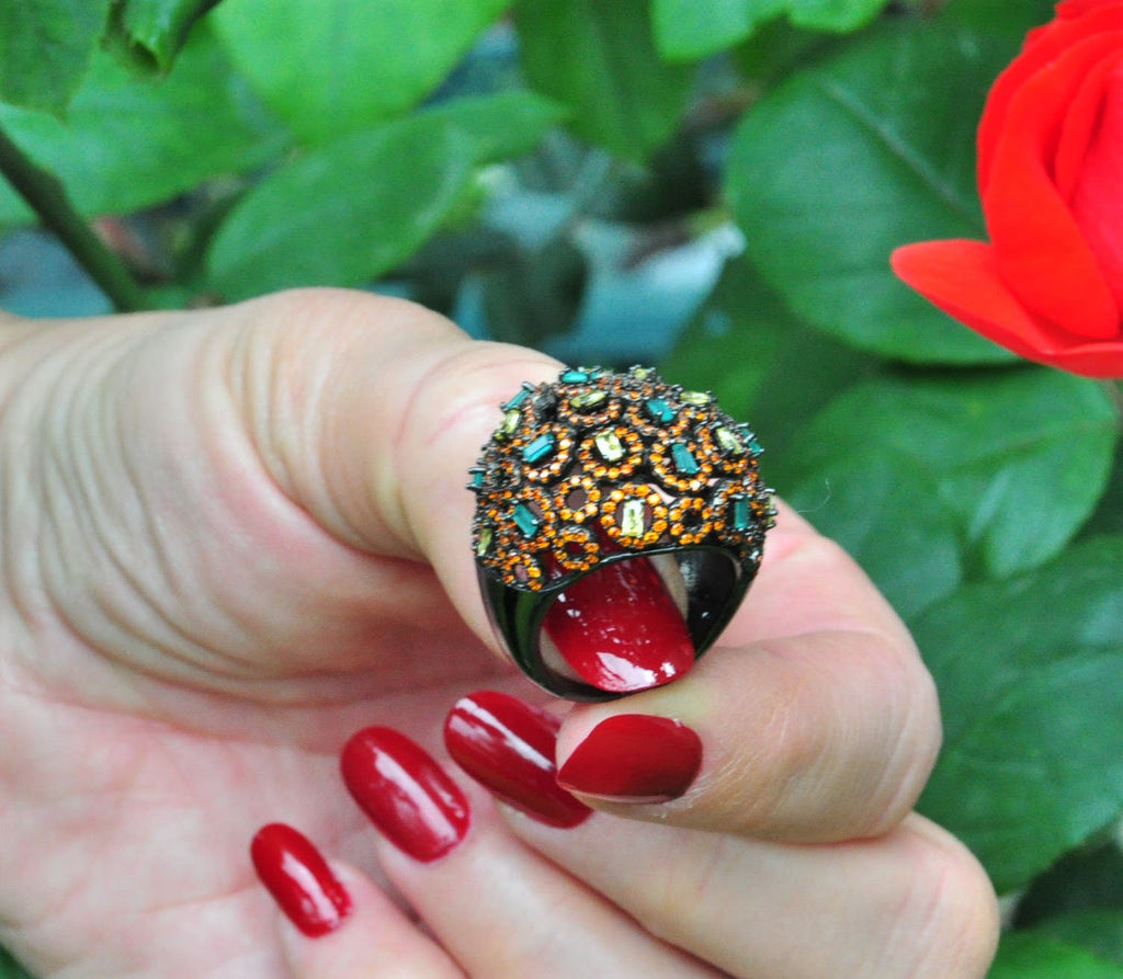 Handmade Aquamarine and Citrine Silver Ring, Handcrafted Aquamarine and Citrine Jewelry, Black Silver Band Aquamarine and Citrine Ring