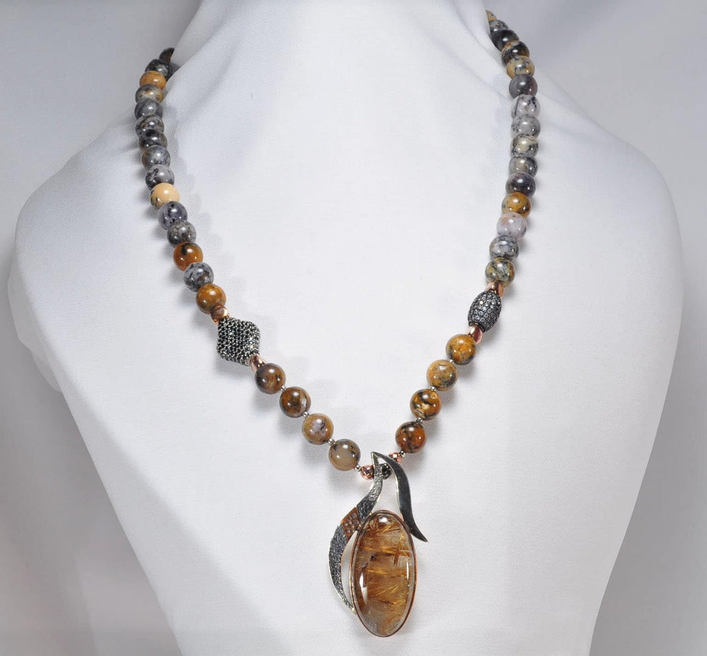 Handmade Jasper Rutilated Quartz Zircon Sterling Silver Necklace