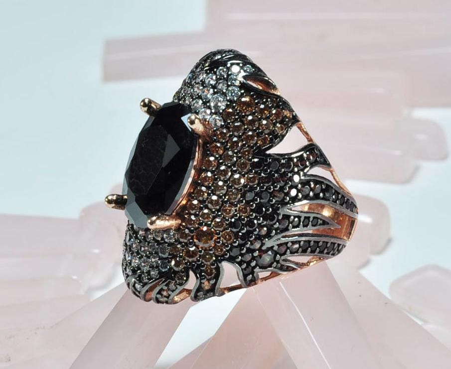Handmade Onyx and Zircon Silver Ring, Handcrafted Onyx and Zircon Jewelry,Wedding Ring Gift, 925 Silver Onyx and Zircon Ring,Gift for her