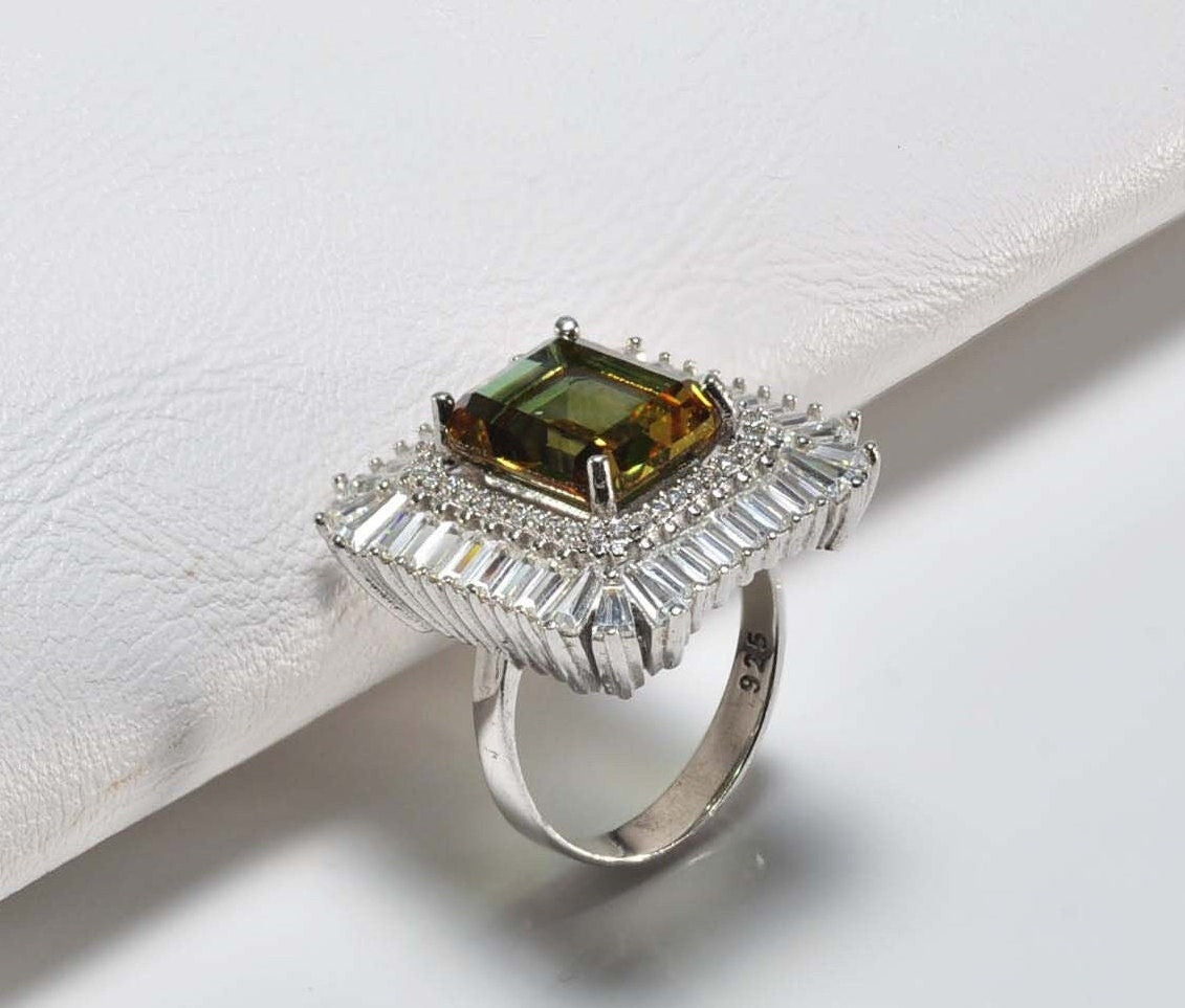 Handmade Sultanite and Baquette Zircon Silver Color Changing Ring, Wedding Ring Gift