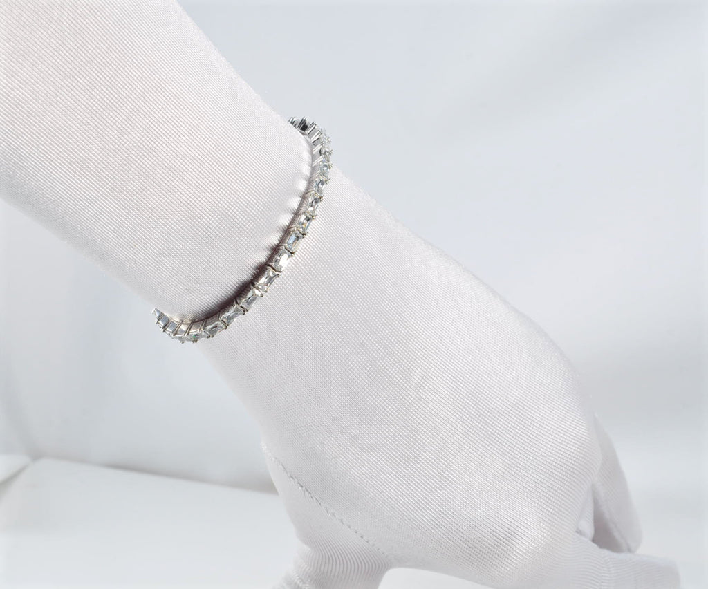 Handmade Baguette Zircon 925 Sterling Silver Bracelet, Wedding Jewelry