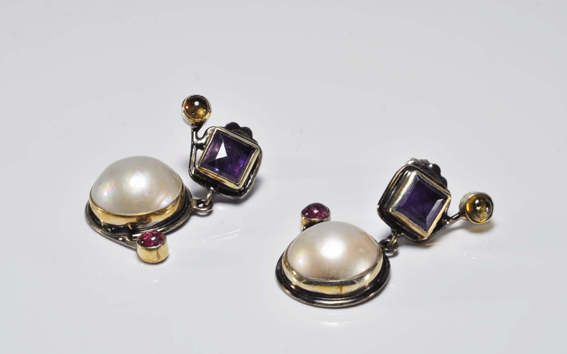 Handmade Genuine Natural Pearl and Amethyst Silver Earring, Pearl and Amethyst Earring Jewelry,Handcrafted Pearl Earring Gift for Her