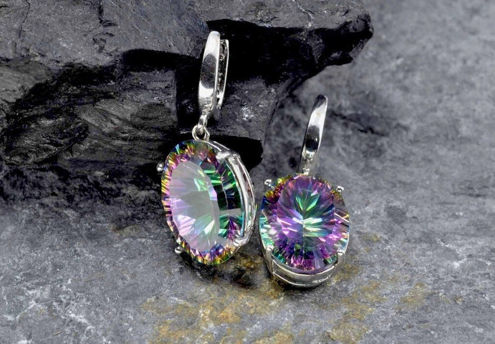 Handmade Genuine Mystic Topaz Silver Earring,Mystic Topaz Earring,Dangle Drop Earring,Handcrafted Mystic Topaz Earrining Gift for Her