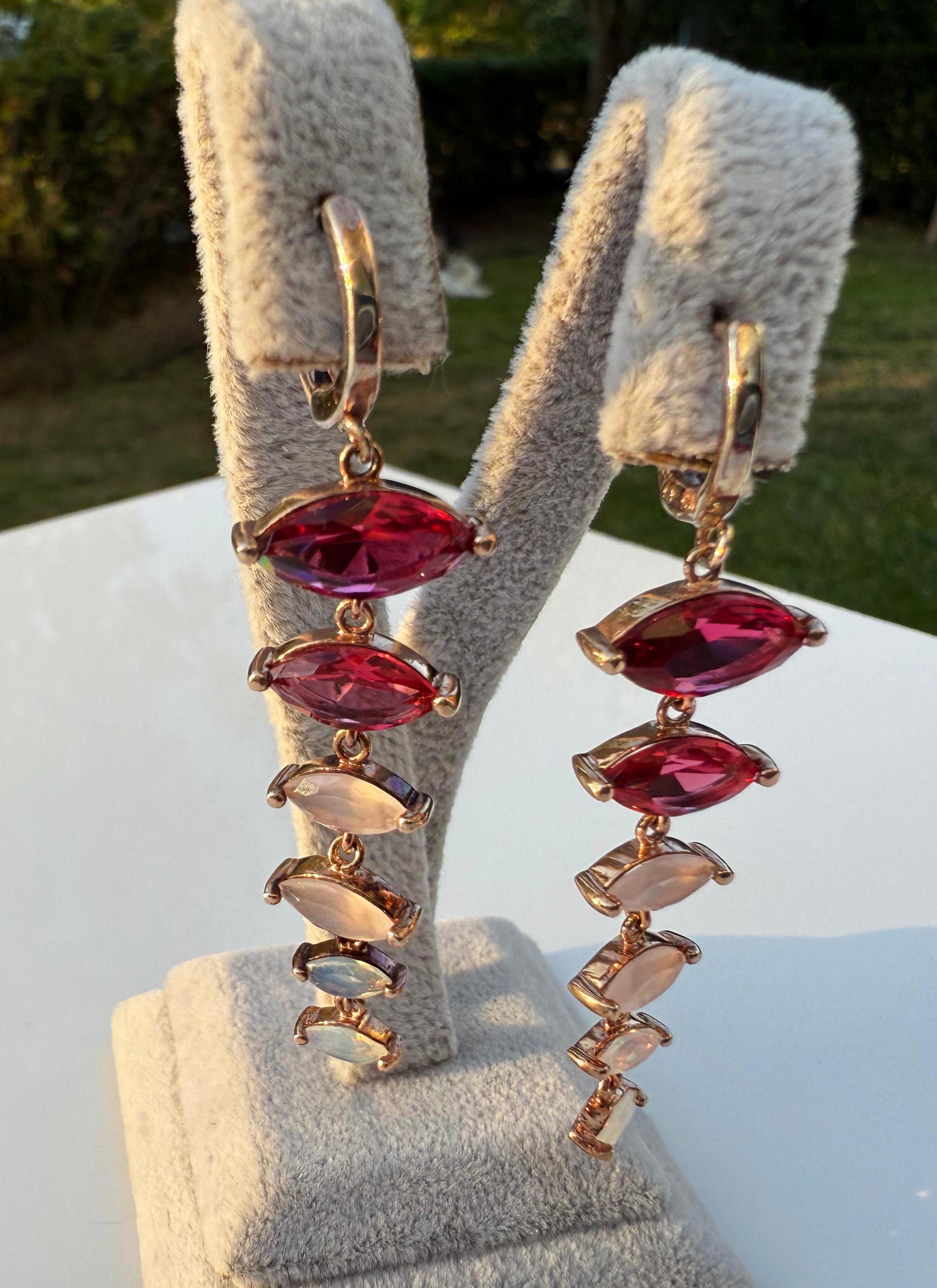 Handmade Rose Silver Earrings: Pink Quartz, Garnet & Opal Gemstone